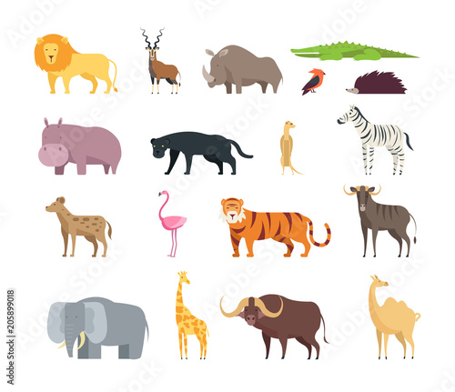 Cartoon african savannah animals. Wild zoo safari mammals, reptiles and birds vector set isolated on white background
