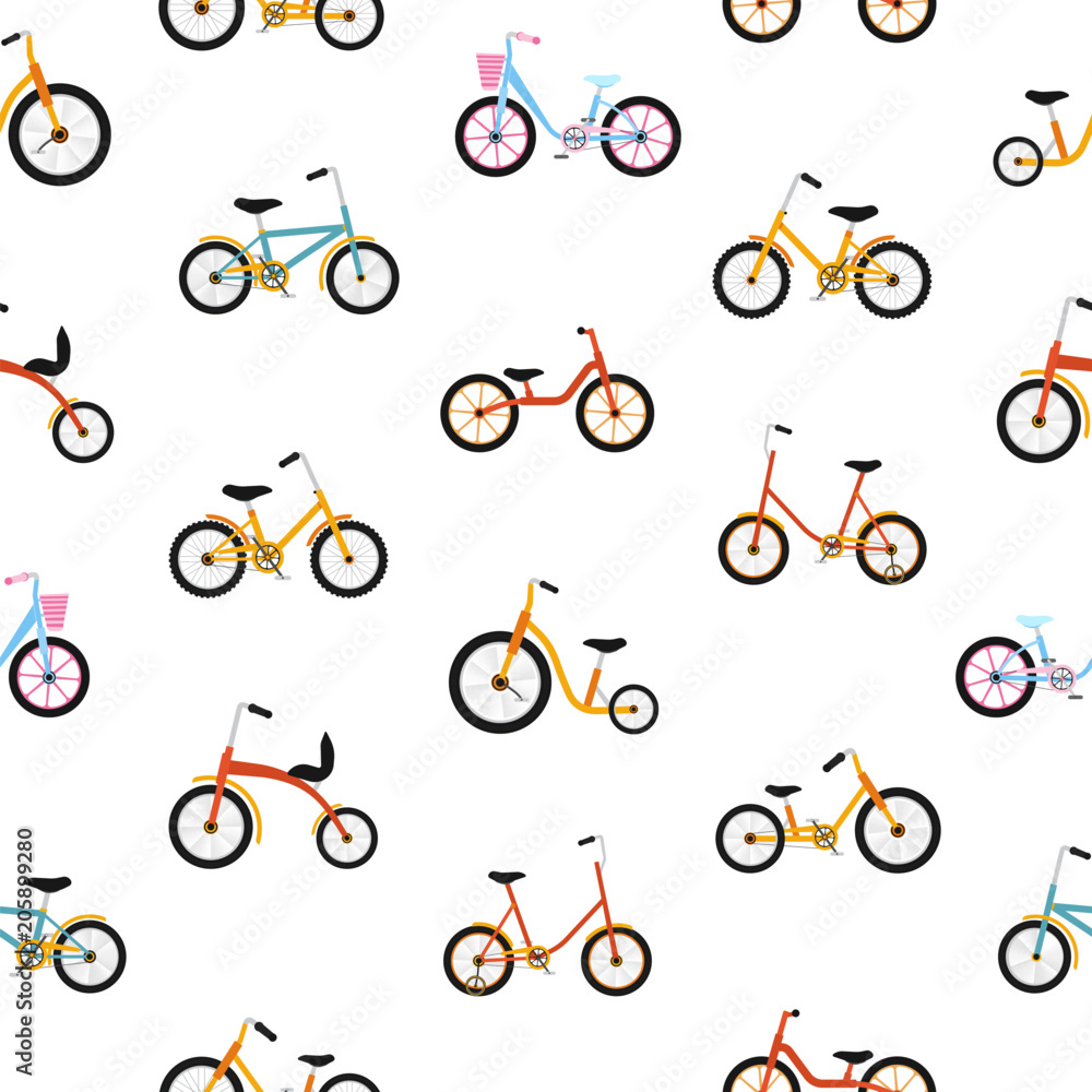Modern seamless pattern with kids bicycles of various types Modern seamless pattern with kids bicycles of various types