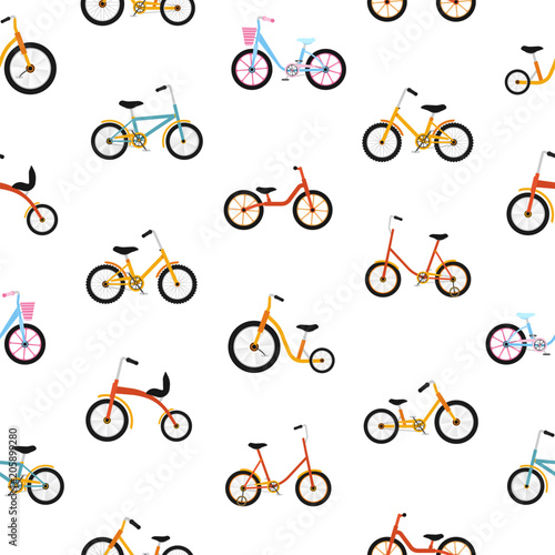 Modern seamless pattern with kids bicycles of various types