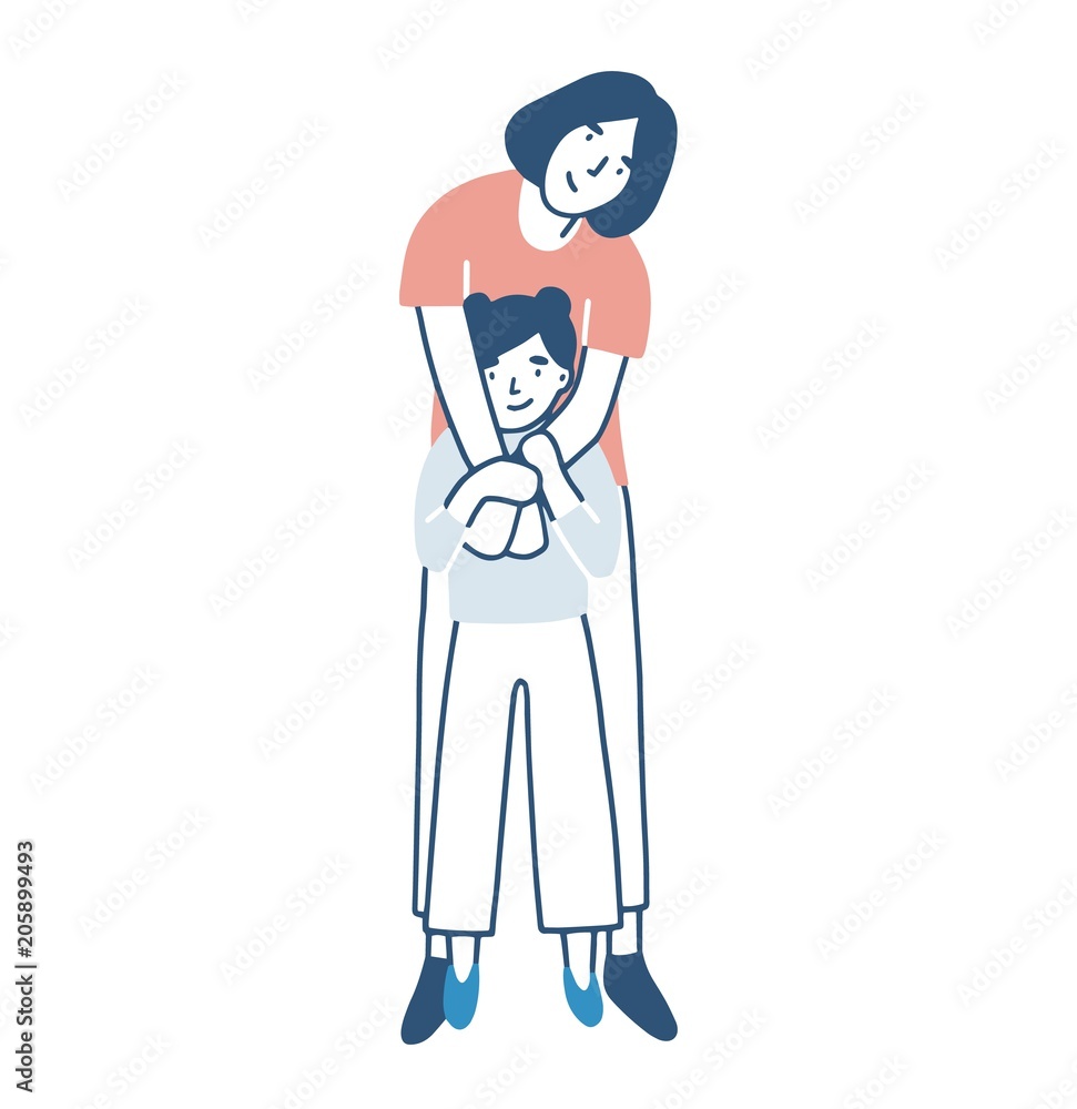 Smiling mother and daughter warmly hugging or cuddling. Mom standing behind child girl and embracing her. Happy loving family. Cute pretty female cartoon characters. Colored vector illustration. Smiling mother and daughter warmly hugging or cuddling. Mom standing behind child girl and embracing her. Happy loving family. Cute pretty female cartoon characters. Colored vector illustration.
