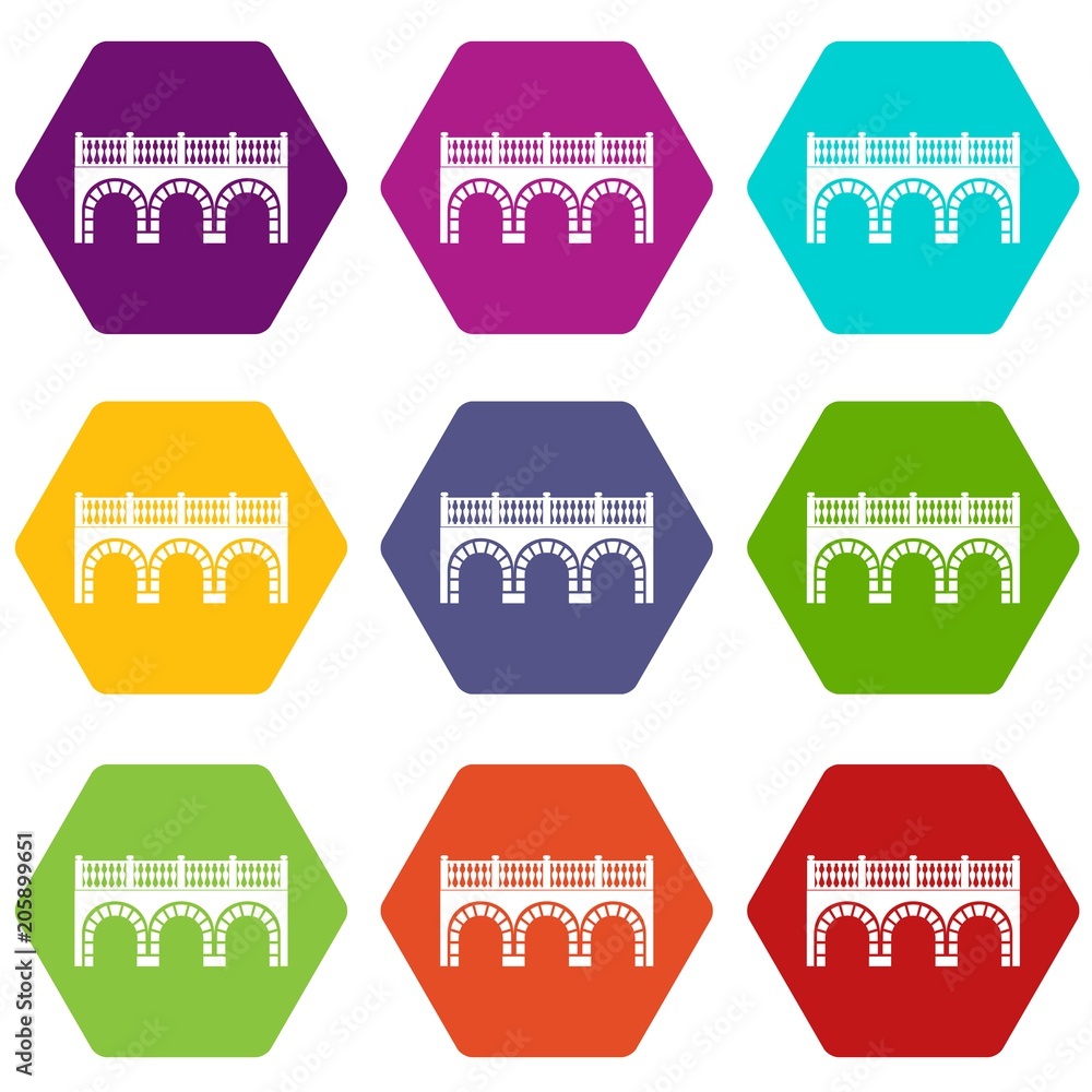 Arch bridge icons 9 set coloful isolated on white for web