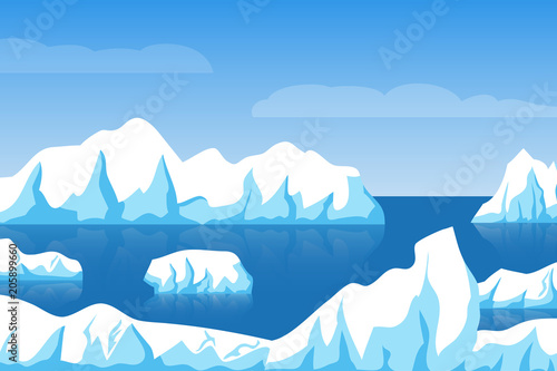 Cartoon winter polar arctic or antarctic ice landscape with iceberg in sea vector illustration