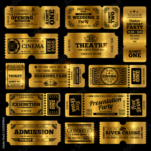 Circus, party and cinema vector vintage admission tickets templates. Golden tickets isolated on black background