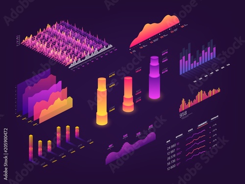 Futuristic 3d isometric data graphic, business charts, statistics diagram and infographic vector elements