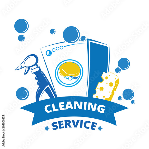 Cleaning service label design. Yellow and blue laundry logo