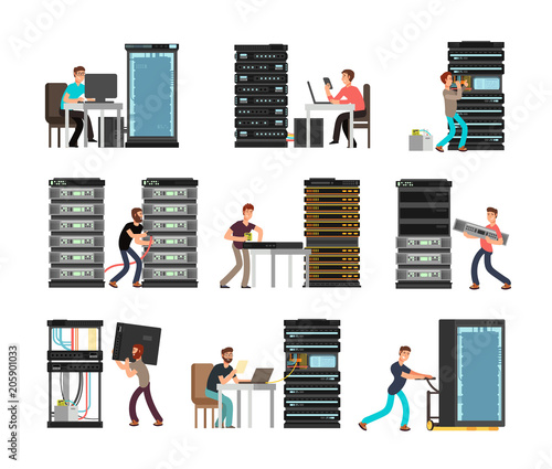 Man engineer, technician working in server room. Digital computer center support, data storage. Vector cartoon characters set isolated