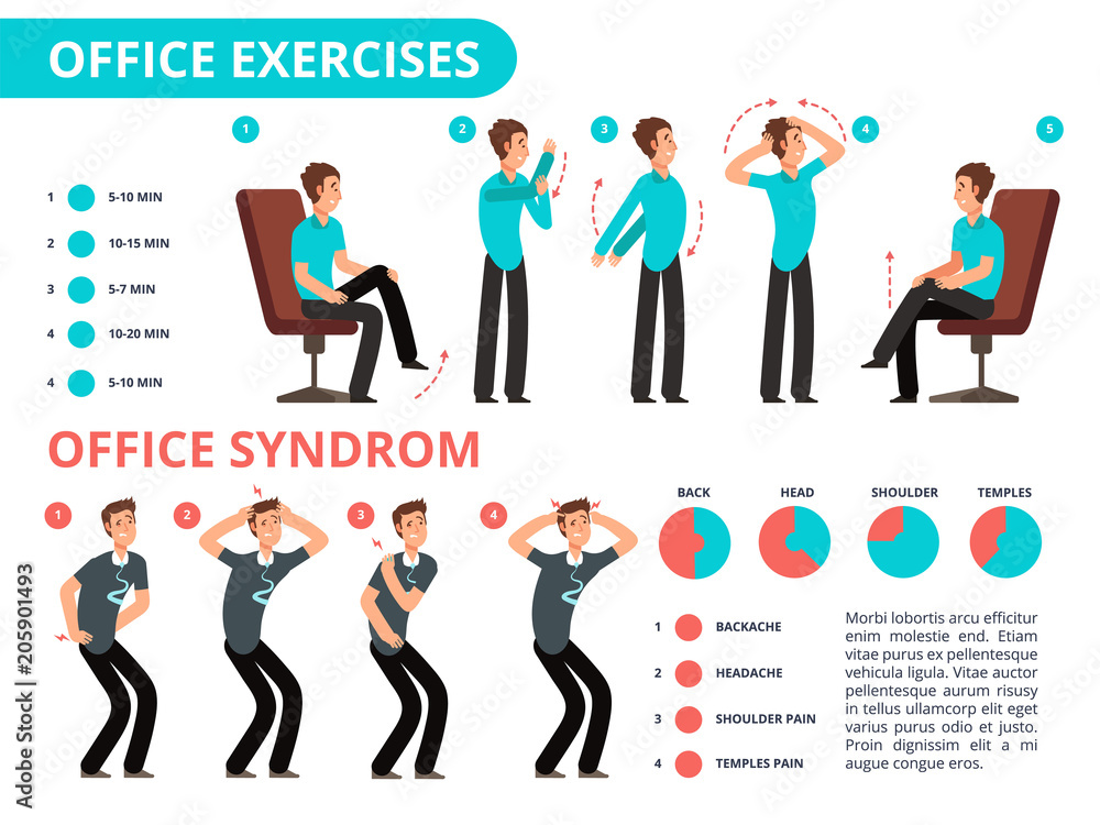 Employee doing office exercises desk. Medical vector diagram with cartoon people Employee doing office exercises desk. Medical vector diagram with cartoon people