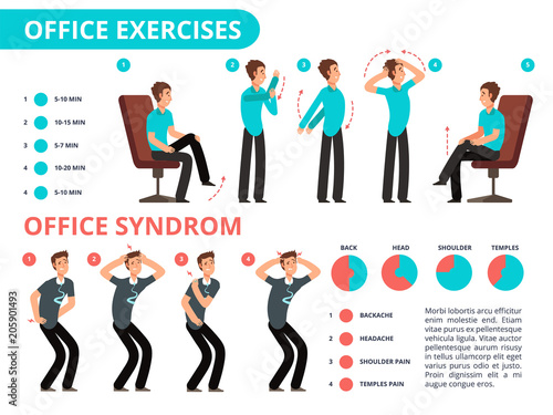 Employee doing office exercises desk. Medical vector diagram with cartoon people