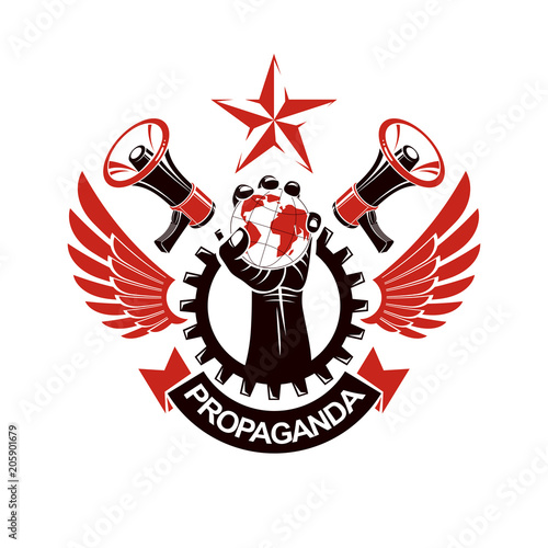 Vector marketing poster composed with loudspeakers and raised arm holding Earth globe surrounded by engineering gear. Social revolution concept, no restrictions. Propaganda as political agitation.