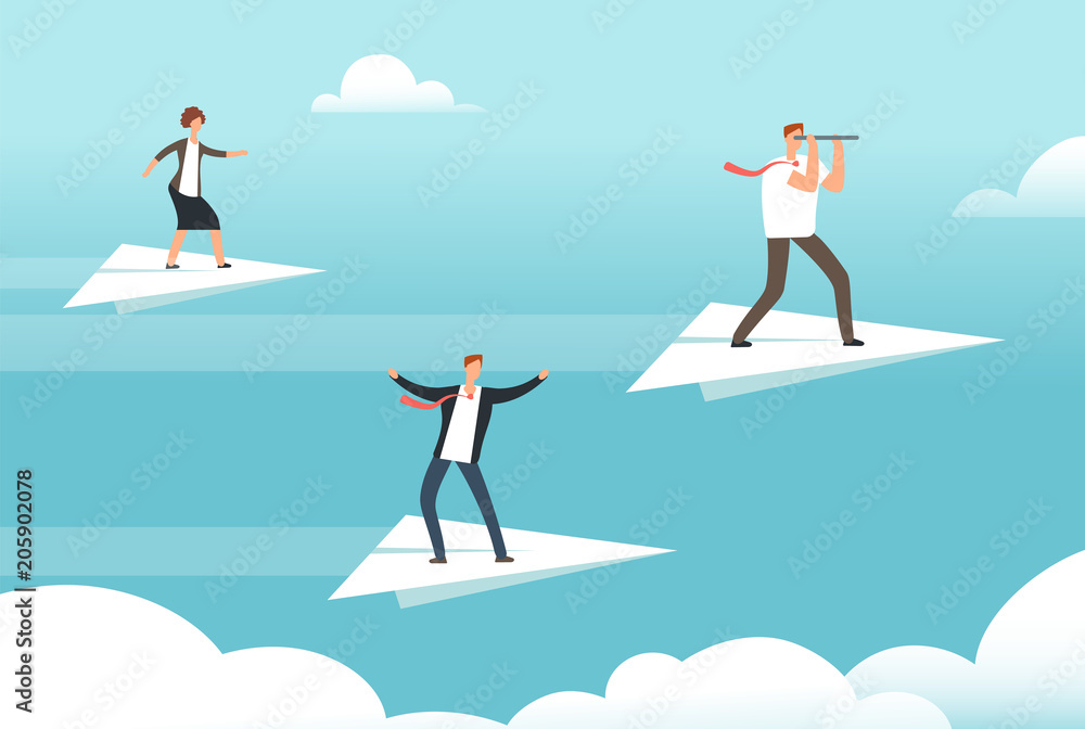 Business team on paper airplanes. Opportunities, teamwork and new leader vector flat concept Business team on paper airplanes. Opportunities, teamwork and new leader vector flat concept