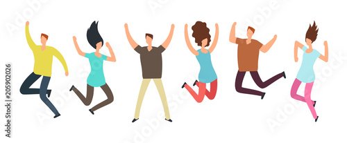 Happy jumping adult friends. Group of people in jump. Healthy active people and friendship vector concept