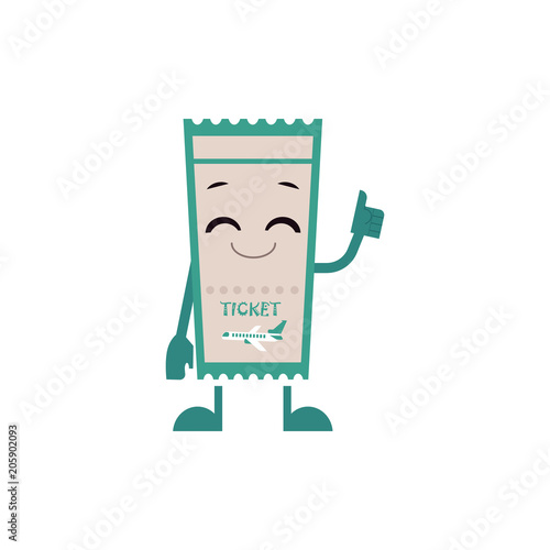 Cheerful airplane ticket character with arms and legs showing thumbs up gesture with happy facial expresion. Cartoon airline boarding pass document, symbol of travelling, tourism and vacation. Vector