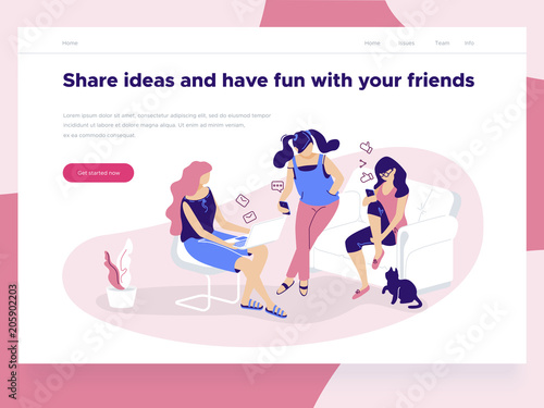 Relationship, online dating and social networking concept - girls holding mobile phones chat, share ideas on the Internet and have fun. Landing concept. 3d isometric. Line style illustration.