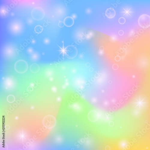 Fairy princess rainbow cute background with magic stars and pearlescent texture. Multicolor fantasy abstract vector holographic screen