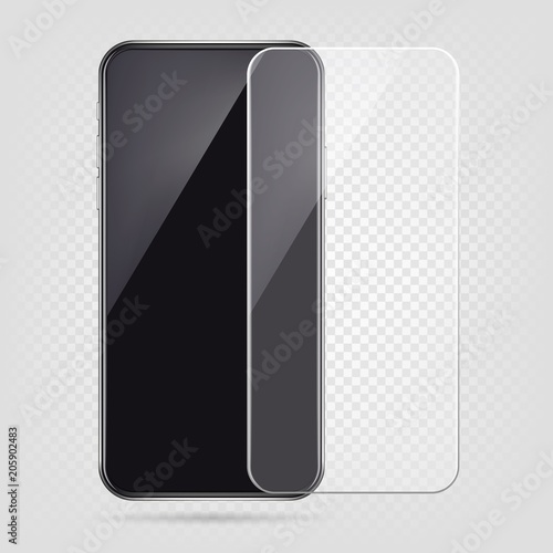 Realistic smartphone, screen protector film, cell phone transparent glass cover. Plastic protection against damage vector illustration