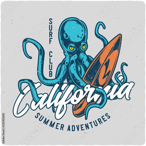 Surfing theme t-shirt or poster design with octopus and surfing board photo