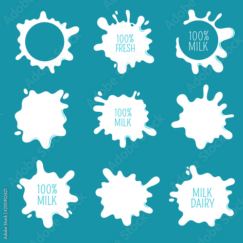 Cow milk blots, splashes and drops. Farm fresh dairy product vector labels and logos isolated