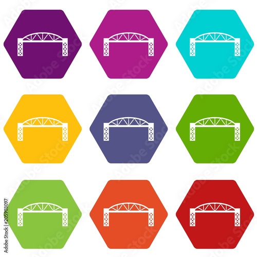 Metal bridge icons 9 set coloful isolated on white for web