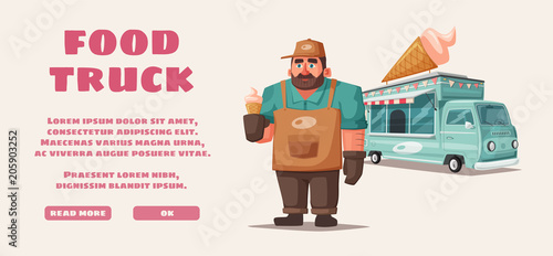 Retro street food van. Funny seller character. Cartoon vector illustration.