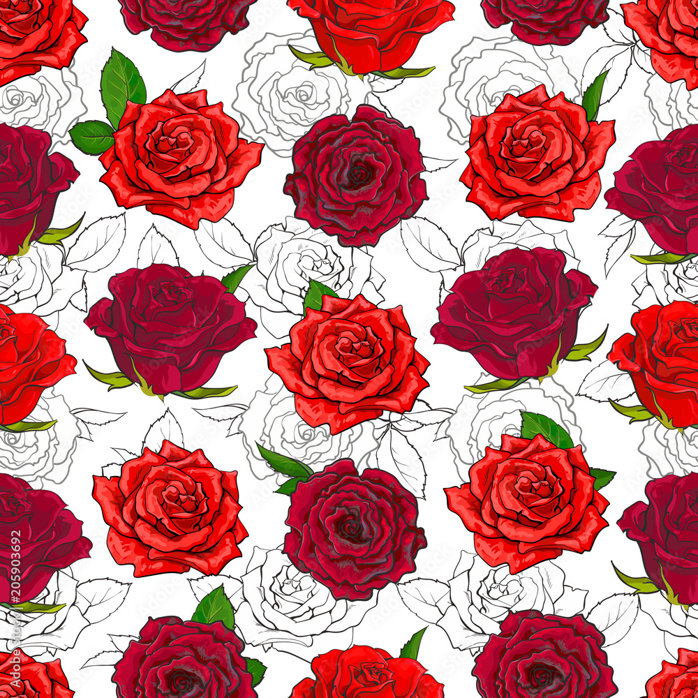 Red roses seamless pattern with hand drawn flowers with leaves on white background. Romantic floral backdrop in sketch style - vector illustration for wedding or textile design.