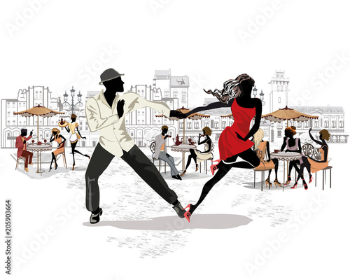  Hand drawn vector architectural background with historic buildings and people. Romantic couple in passionate Latin American dances. Salsa festival.