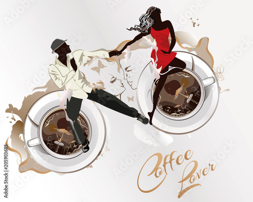 Abstract coffee background with a couple in passionate Latin American dances. Hand drawn poster background.