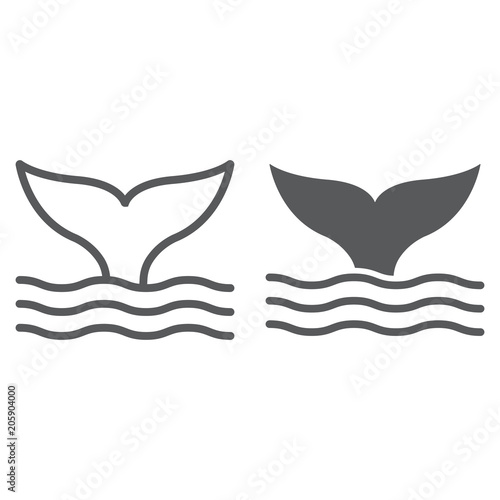 Whale tail line and glyph icon, animal