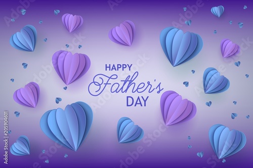 Fathers Day congratulation card with trendy blue and violet folded paper heart shapes and greeting sign on gradient background - holiday vector illustration with origami elements.