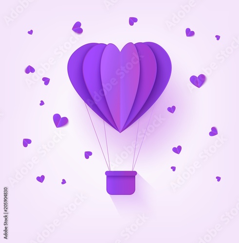 Folded violet paper hot air balloon in form of heart surrounded by little heart shapes on pastel background - romantic origami carton aerostat for greeting card in vector illustration.