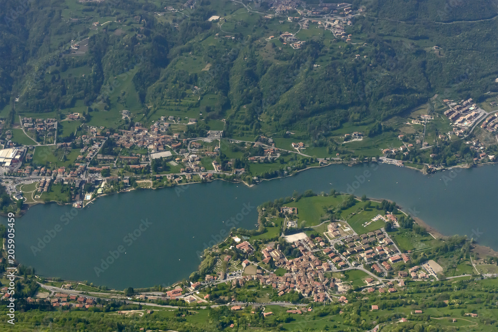 aerial of Monestirolo village and Endine lake, Italy