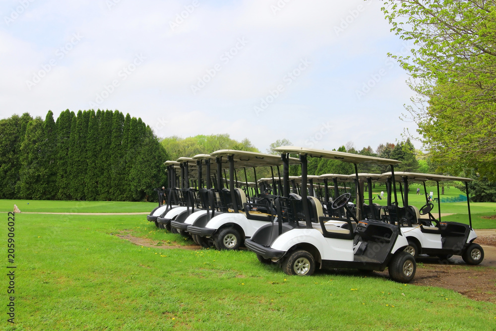 Leisure and outdoor activity background with a golf course. Spring landscape with cloudy blue sky over the green grass field and rows of carts at the golf course. Healthy lifestyle concept.
