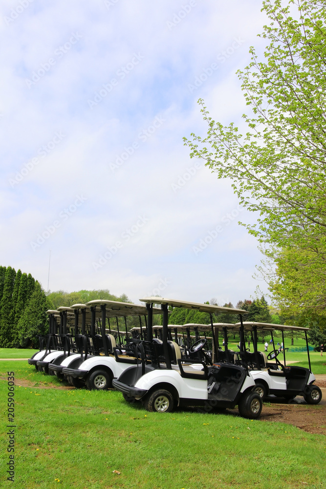 Leisure and outdoor activity background with a golf course.Spring landscape with cloudy blue sky over the green grass field and rows of carts at the golf course. Healthy lifestyle concept. 