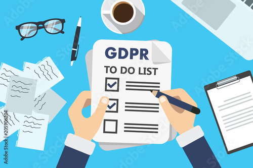 GDPR New european rules for security and privacy. Ready for may 25th to not get fined. Late for the switch of security rules. To do list on what will change with the new privacy rules. photo