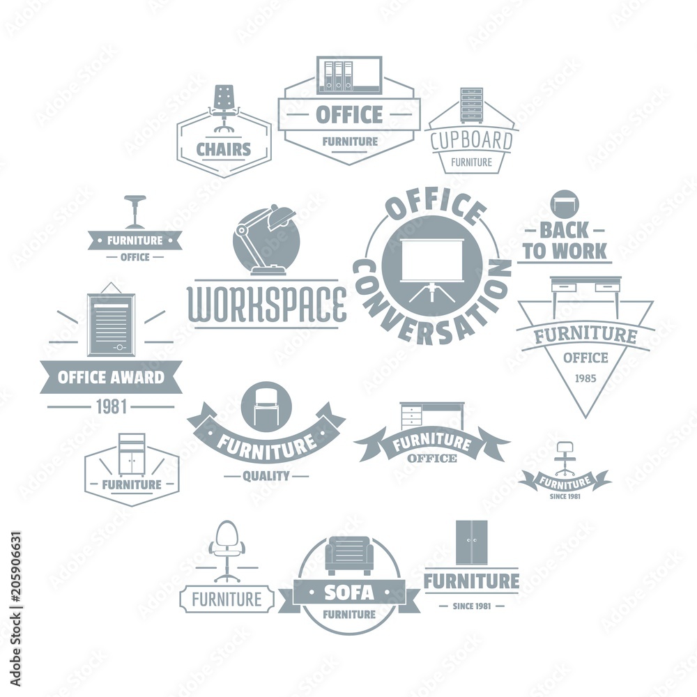 Office furniture logo icons set. Simple illustration of 16 office furniture logo vector icons for web