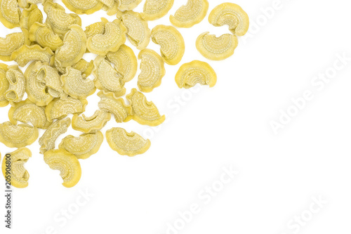 Pasta creste di gallo flatlay isolated on white background top view spinach raw.