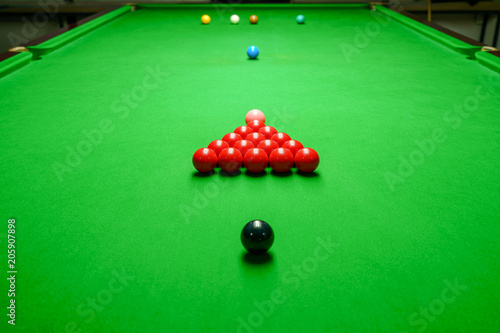 Snooker balls on green snooker table photo