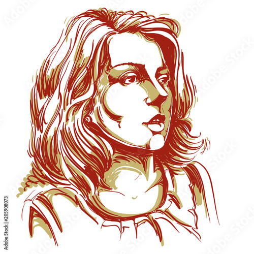 Colorful vector hand-drawn image, amazed young woman. Black and white illustration of white skin serious girl.