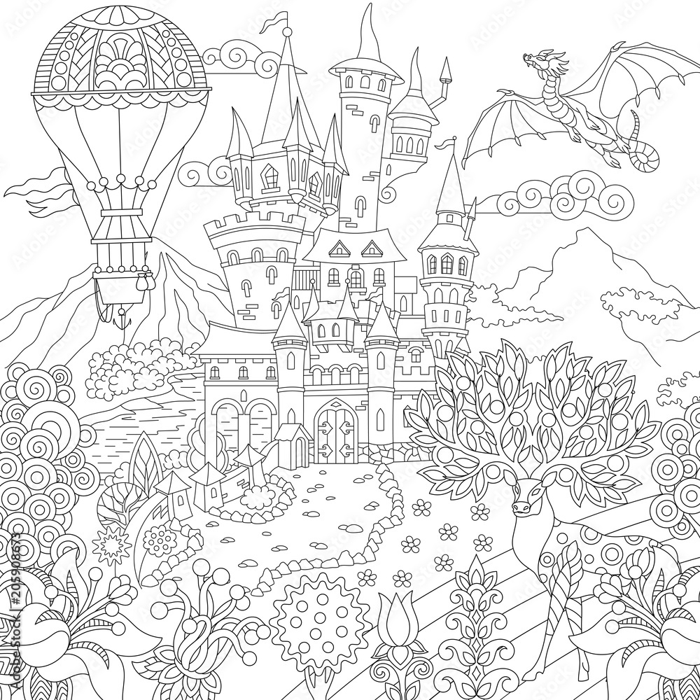 Fairy tale picture. Fairytale landscape with vintage castle, dragon, magic deer, hot air balloon. Coloring Page. Adult Coloring Book idea. 