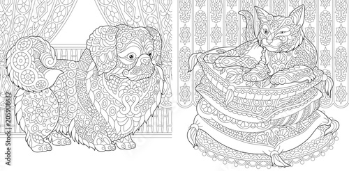 Cat On Pillows Pekingese Or Japanese Chin Dog Coloring Pages Adult Coloring Book Idea Stock Vector Adobe Stock