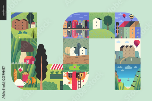 Simple things - houses - flat cartoon vector illustration of colorful countryside house, buildings, architecture, treehouse, air balloons, sea, boat, tee meal, mushroom house. farm -houses composition photo
