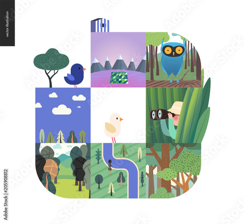 Simple things - forest set on a white background - flat cartoon vector illustration of owl in woods, forest, top view map, river, sk, clouds, bird, hunter in grass, mountains with snow -composition