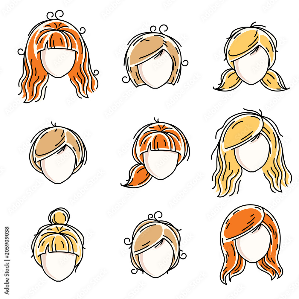 Collection of women faces, human heads. Diverse vector characters like red-haired and blonde females, beautiful ladies visage clipart and user profile.