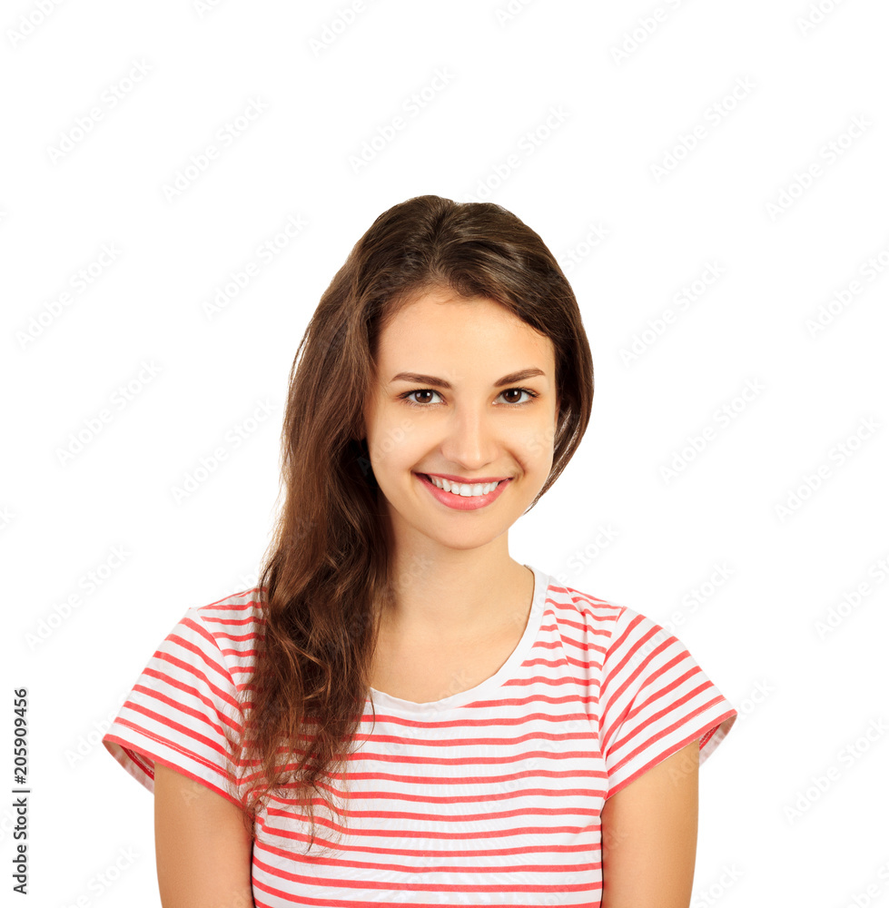 Young happy smiling woman with long brown curly hair. emotional girl isolated on white background Young happy smiling woman with long brown curly hair. emotional girl isolated on white background