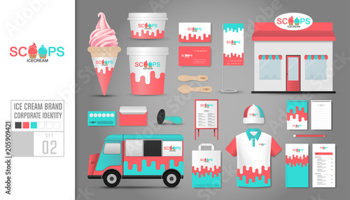 Corporate identity template Set 2. Logo concept for ice cream shop, cafe, restaurant. Realistic mock up template set of shop, car, polo shirt, cap, cup, menu, rubber stamp, coupon, package, cardboard.