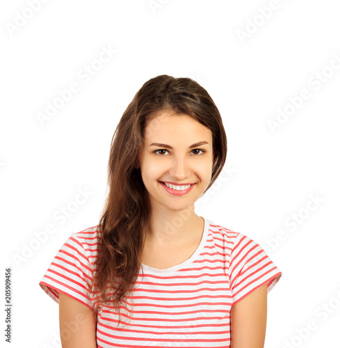 Young happy smiling woman with long brown curly hair. emotional girl isolated on white background