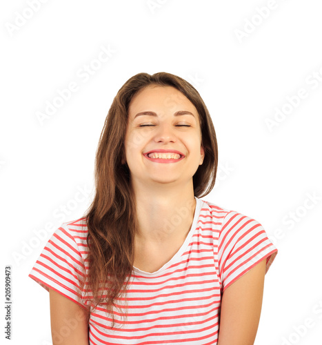 Portrait of an attractive smiling young brunette woman. emotional gloat girl isolated on white background