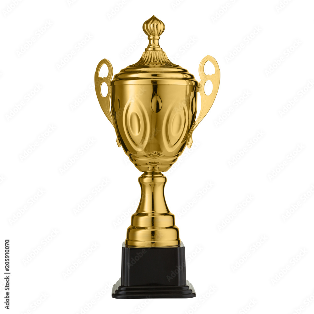 one metal sports cup stands on white background, gold cup one metal sports cup stands on white background, gold cup