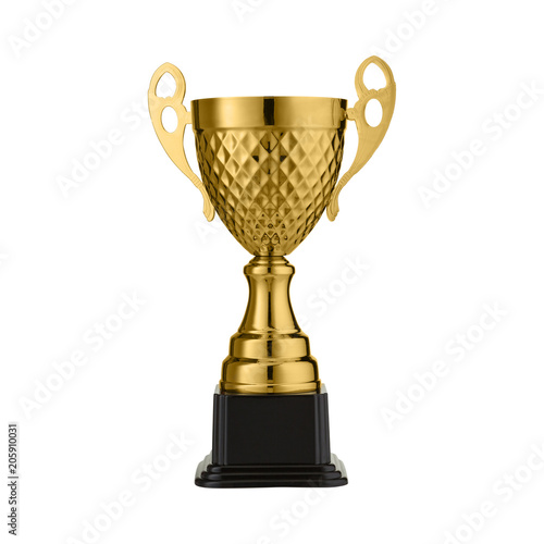 one metal sports cup stands on white background, gold cup