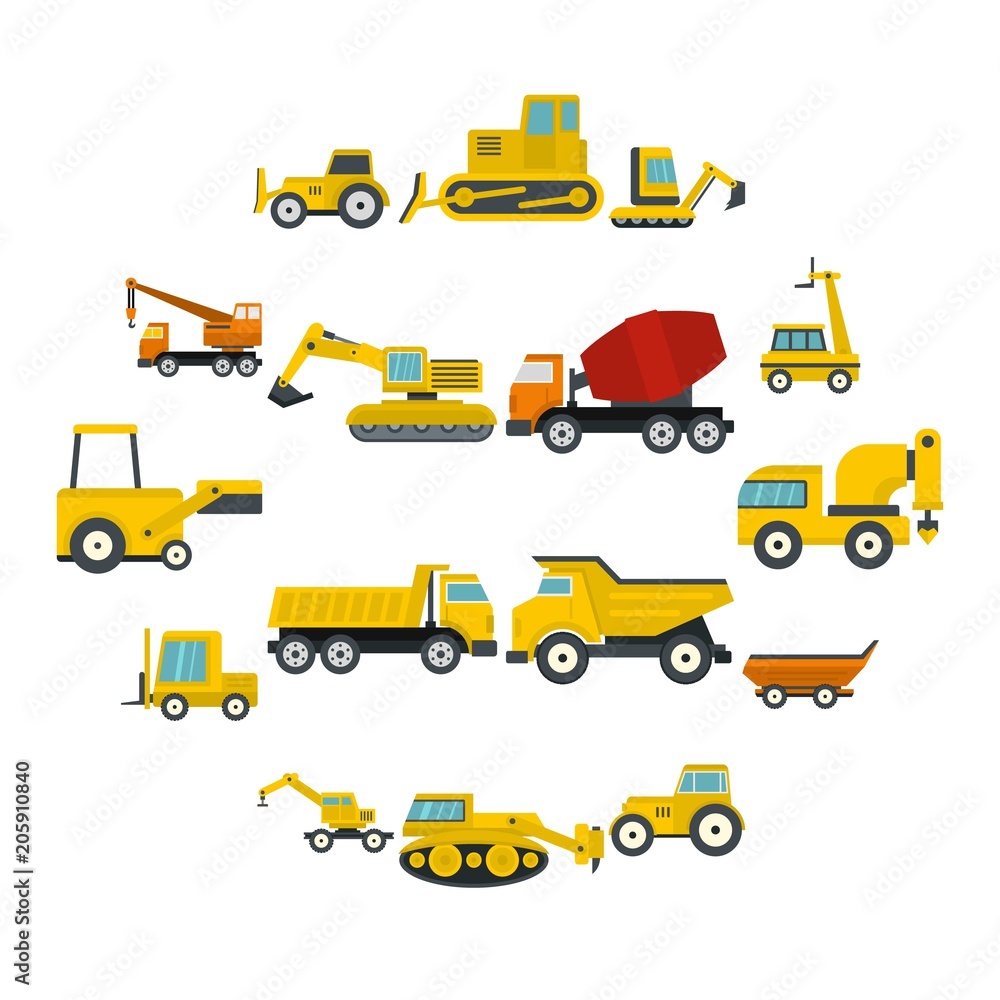 Building vehicles icons set in flat style isolated vector illustration Building vehicles icons set in flat style isolated vector illustration
