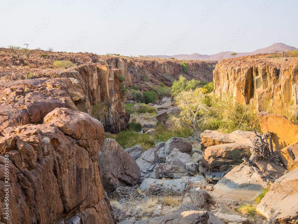 Rocky canyon with green bushes and trees in Palmwag Concession, Namibia, Southern Africa